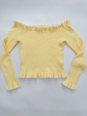 Parker Yellow Ribbed Off Shoulder Ruffle Top Size S